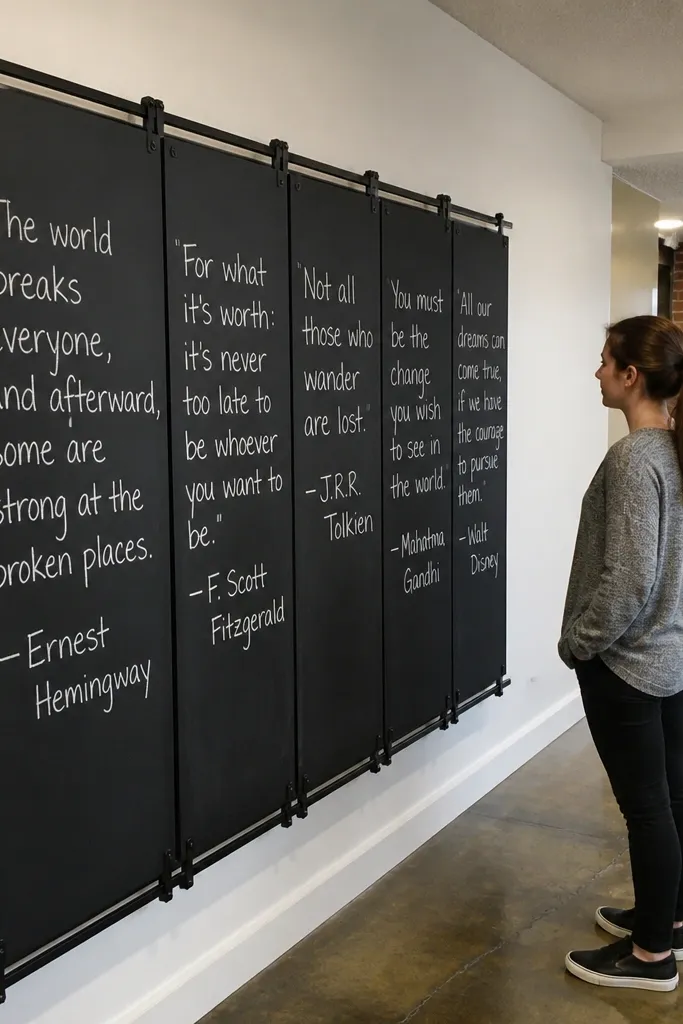 Small blackboard panel with quote cards clipped along a hinge line