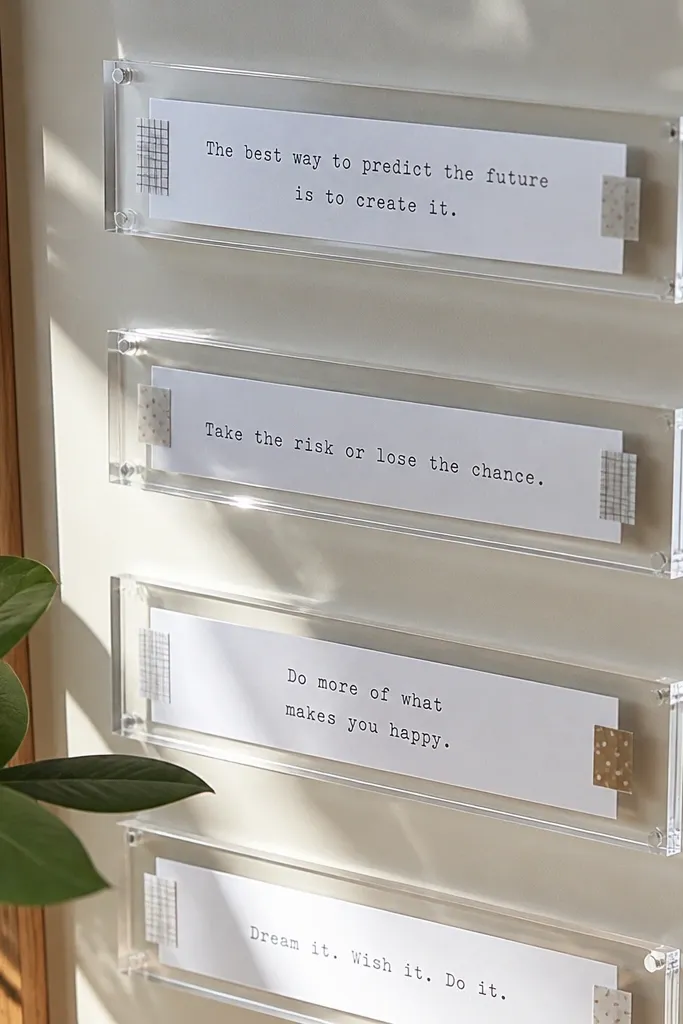 Clear strips on a wall with tiny washi tabs holding quote paper