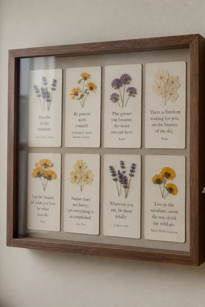 Quote cards with pressed flowers inside a clear floating frame