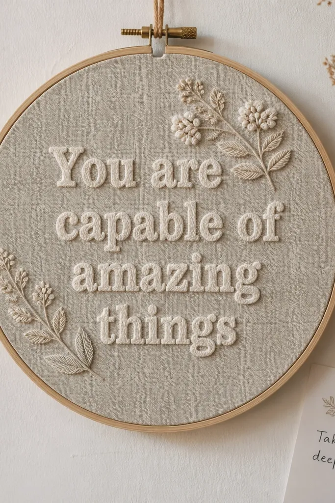 Embroidery hoop with handwritten quotes stitched in thread
