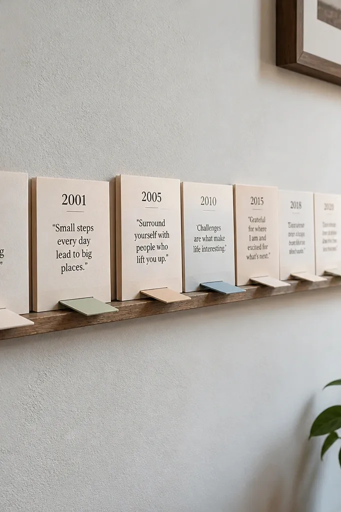 Open book pages with folded quote tabs on a wall shelf