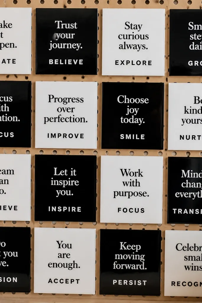 Pegboard with small vinyl quote tiles arranged in a neat grid