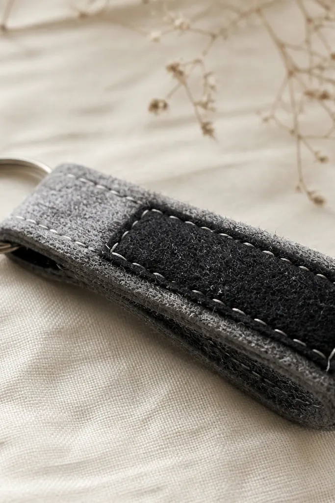 A handmade key fob made from gray and black felt with a stitched patch. Up close, the surface is fuzzy with little pills and uneven edges where the stitching pulls.