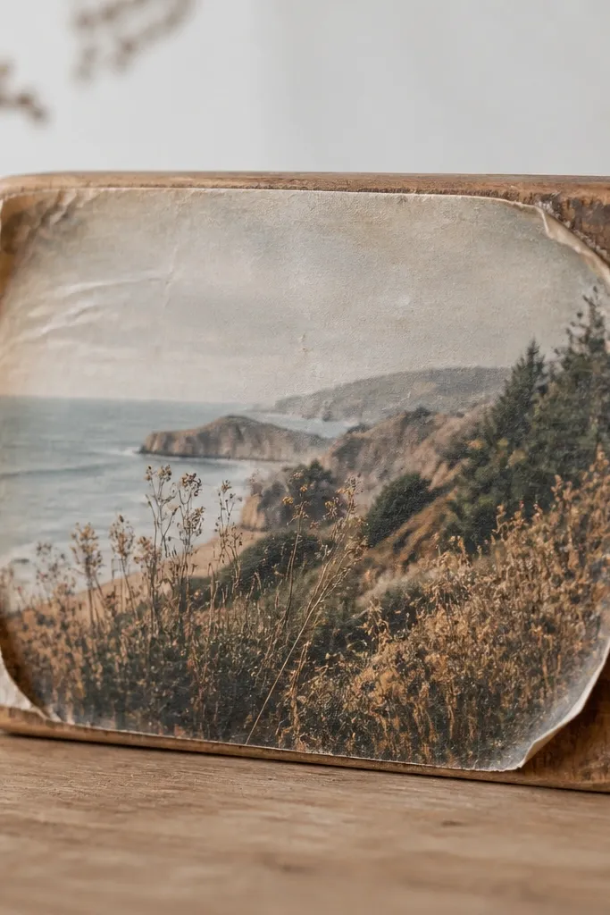 A small rectangular wooden block with a photo decoupaged on the front. The wood has a slight bow, and the photo edges look wrinkled and lifted near the corners.