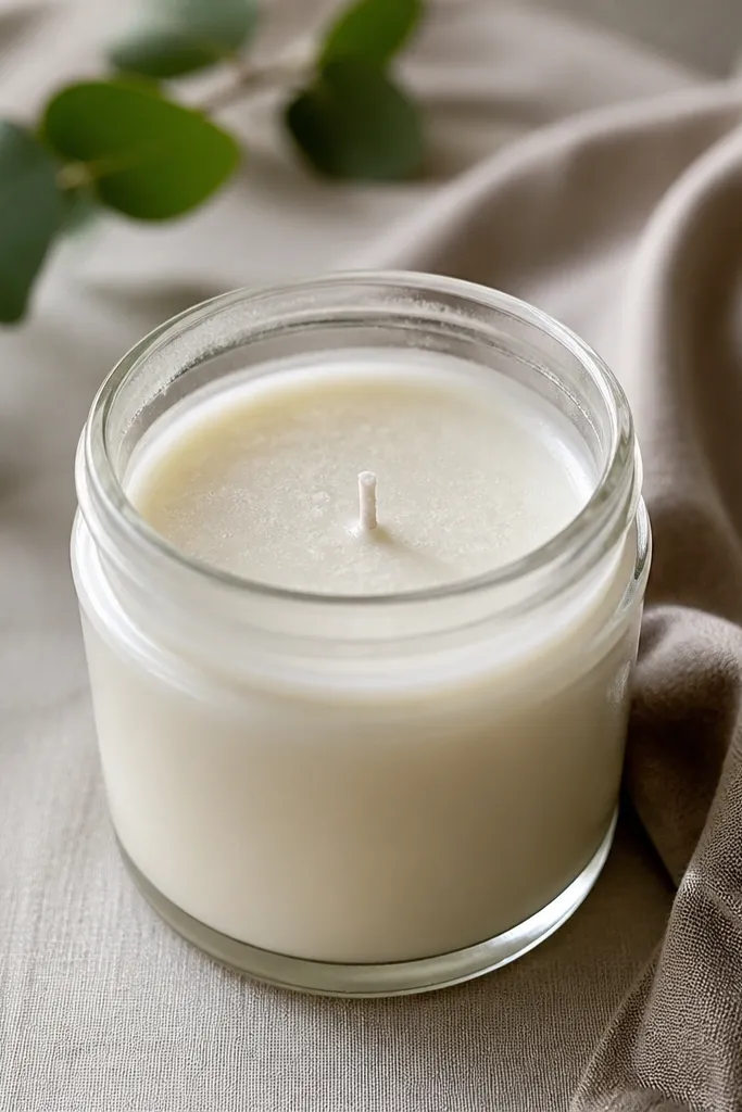 A small jar candle with an off-white wax pool. The glass has a hazy ring near the top, and the wax surface looks slightly grainy with a few air bubbles.