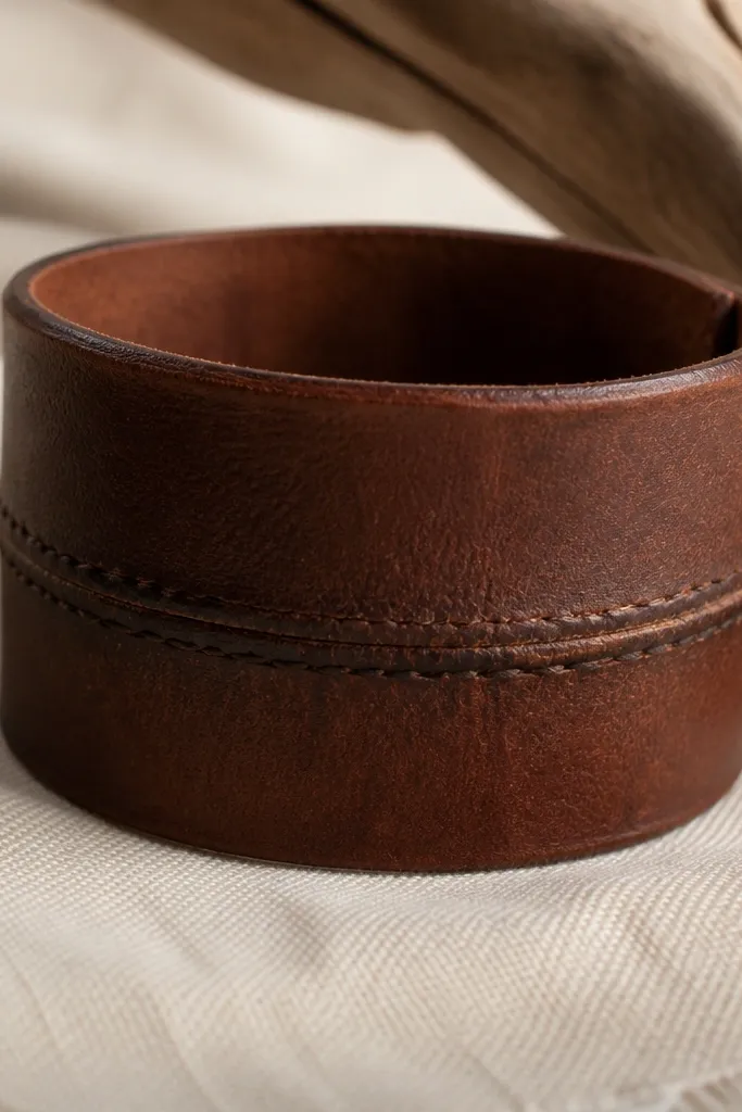 A brown leather cuff bracelet with a stitched seam. The fold line has small cracks and the leather looks dry and slightly darker along the crease.