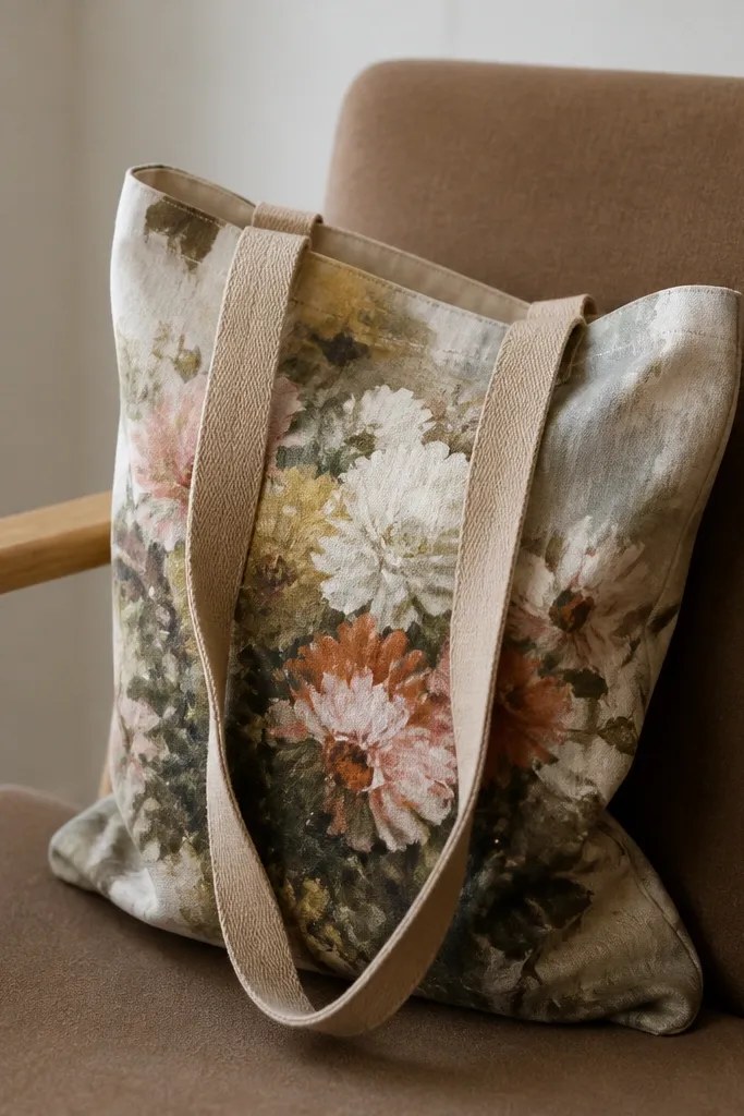 A handmade tote bag with a printed fabric front and canvas straps. The bottom sags, the sides droop, and the fabric looks stretched around the seams.