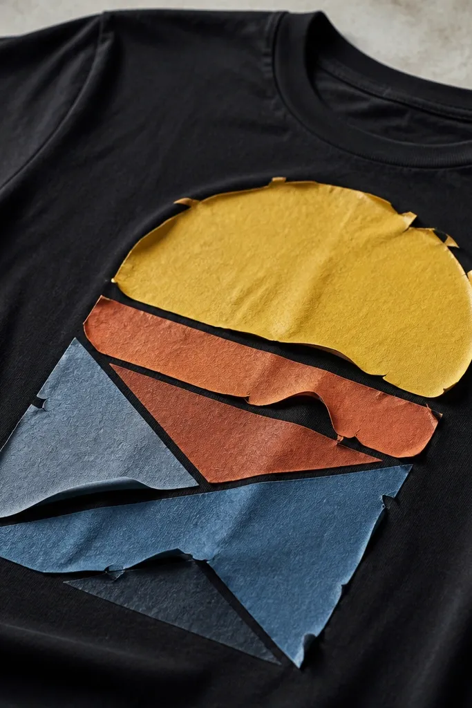 A black T-shirt with a handmade heat-pressed graphic. The edges of the design are lifting, with small cracks and a wrinkled border where the vinyl peeled.