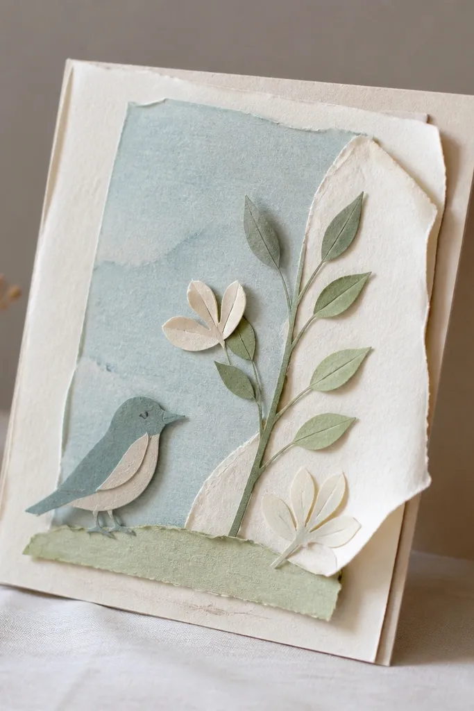A handmade folded card with layered paper and small cutouts. The paper edges are bent, some layers separate, and the card looks uneven and flimsy.