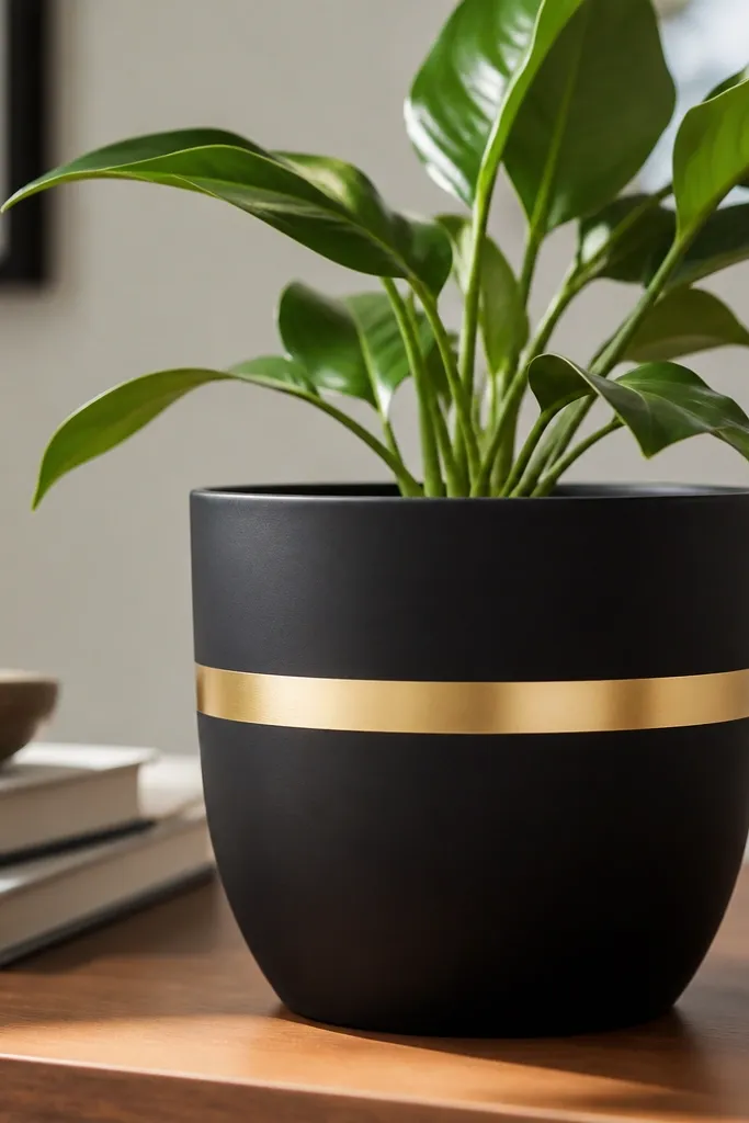 A matte black flower pot with a single thin gold metallic band wrapped horizontally around the middle; the gold is smooth and slightly reflective, with crisp edges from painter's tape. A small plant sits inside, showing the clean contrast.