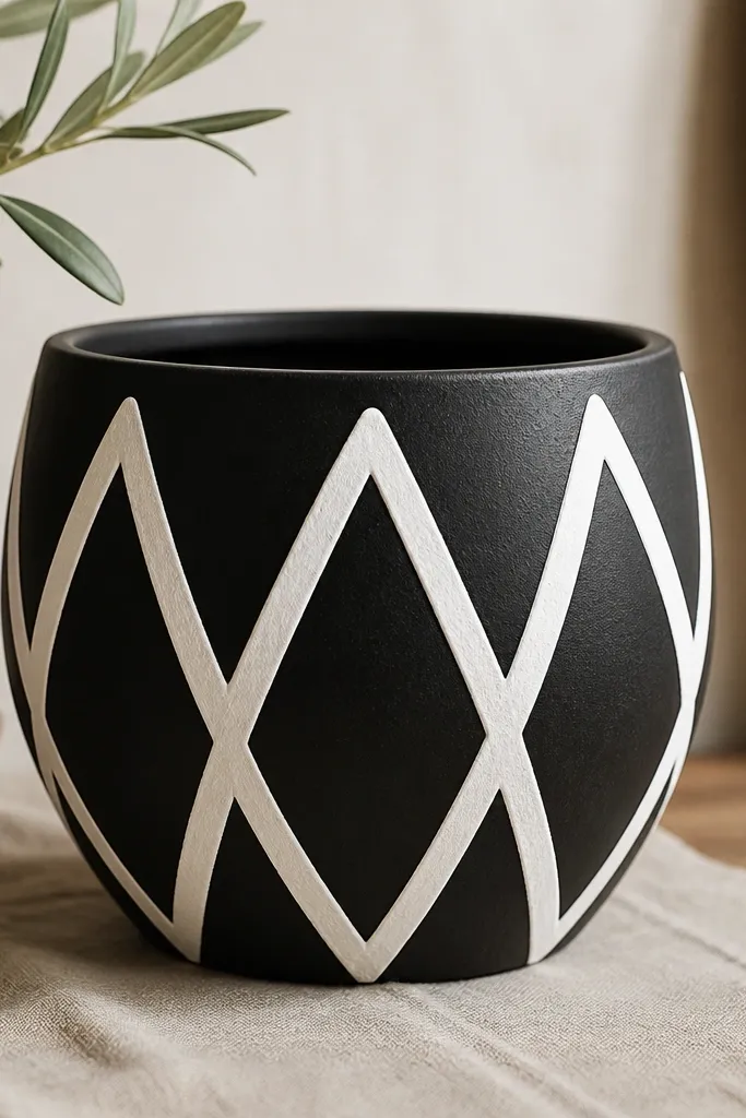 A black pot with a bold white zigzag pattern running vertically in three repeating peaks; the lines are crisp and slightly raised-looking from layered paint. The zigzag sits centered and looks graphic.