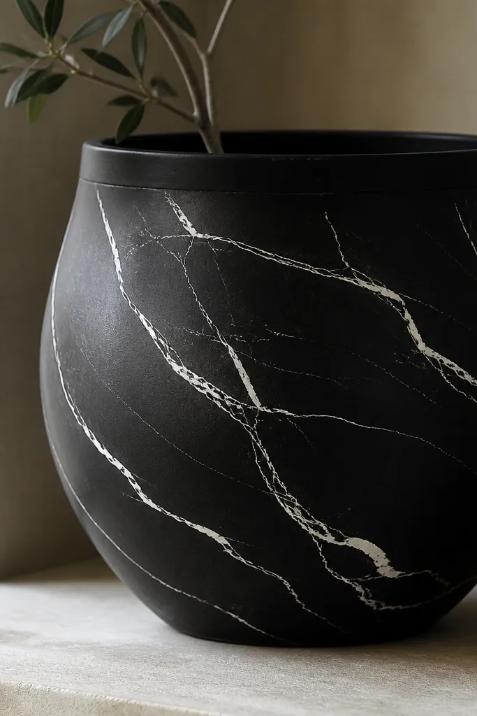 A mostly matte black pot with thin glossy white streaks that curve like marble veins; the streaks vary in thickness and catch light. The top rim stays black for contrast.