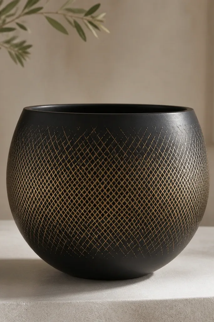 A matte black pot covered in a subtle gold crisscross pattern made of thin lines; the pattern is dense near the center and lighter near the edges. The rim stays black.