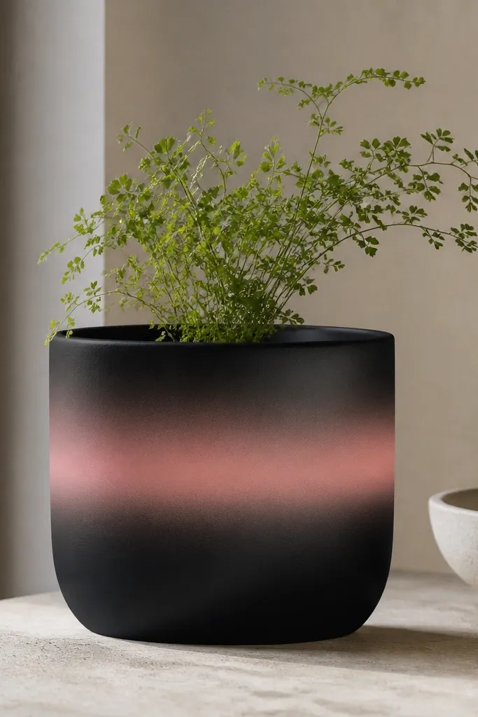 A black pot with a horizontal ombre band across the middle that fades from deep blush pink into black; the transition is smooth with a soft gradient. The rest stays matte black.