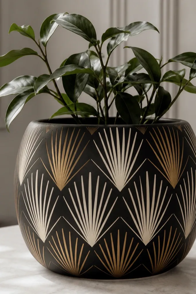 A black pot with repeating art deco fan shapes - alternating gold and ivory rays radiate from a central point around the pot's sides. The rays are sharp and evenly spaced.
