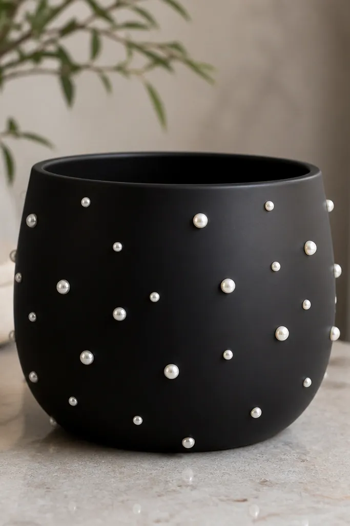 A black pot covered in scattered pearl-like dots, each dot slightly raised with a soft shimmer; spacing is random but balanced. The rim is clean black.
