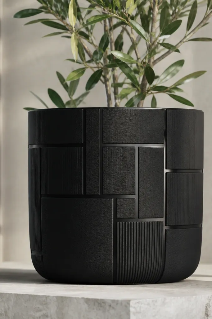 A black pot with geometric blocks in different finishes: matte black blocks and a slightly glossy black grid outline; the shapes look like a modern panel. The design is clean and minimal.