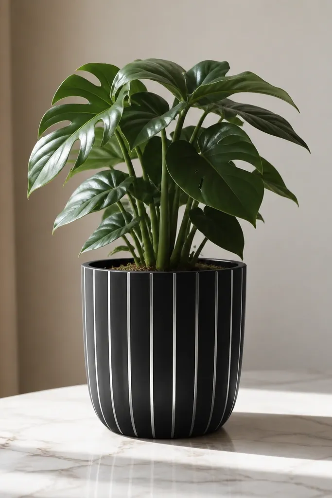 A black pot with several evenly spaced thin vertical silver stripes from near the rim down toward the base; the stripes are straight and reflective. The plant inside is centered.