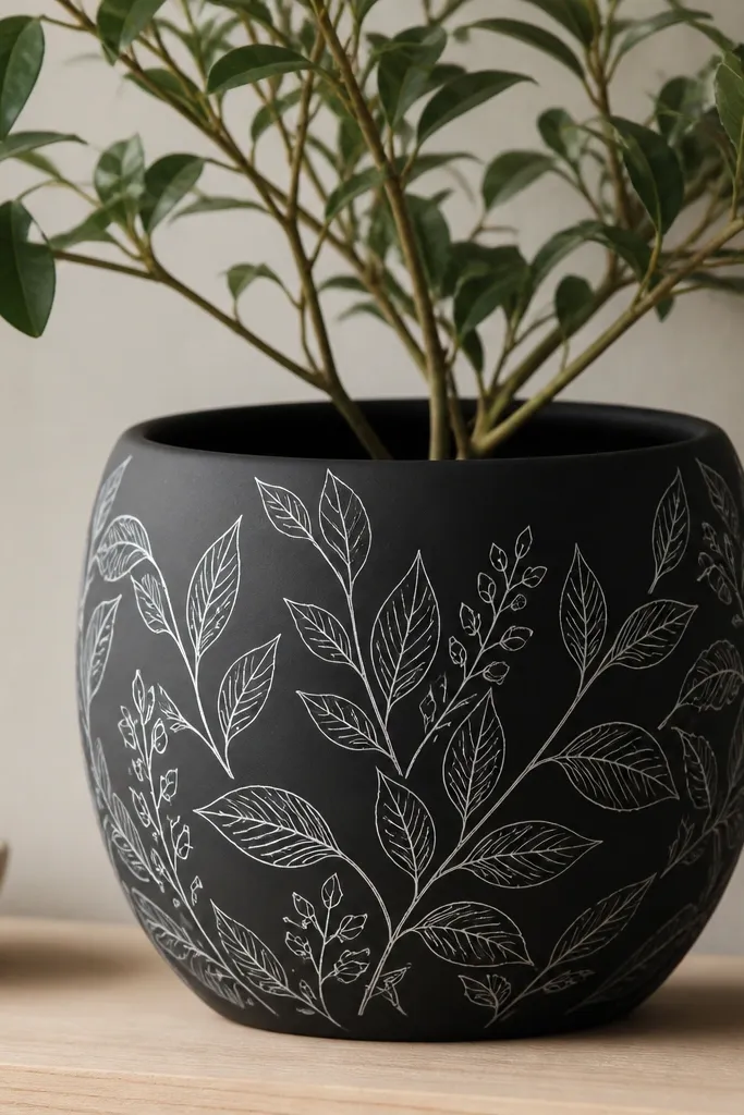 A matte black pot covered in delicate white line drawings of leaves and small stems; the lines are thin and look like ink sketches. A few leaves curl around the pot's sides.