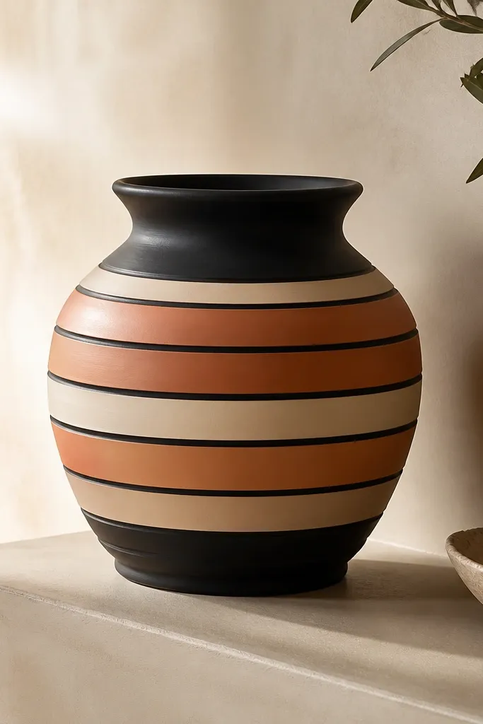 A black pot with horizontal terracotta and cream stripes stacked like terraces; the stripes are separated by thin black gaps, creating a clean stepped pattern. The colors are warm and muted.