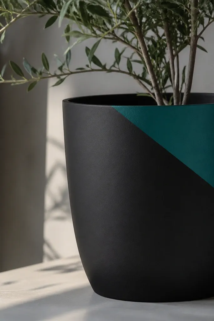 A black pot with one bold color block triangle or square at the upper corner of the pot, painted in deep teal; the edges are sharp and taped. Everything else is matte black.