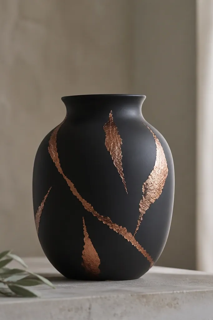 A matte black pot with copper metallic strokes that look like leaf veins or torn foil; the strokes vary in size and have a slightly organic edge. The rest of the pot stays black.
