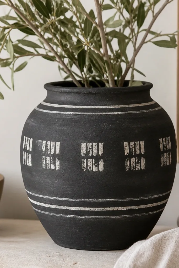 A chalky black pot with simple white stripe bands and partial faux lettering marks; the text is abstracted, like stamp-like blocks. The finish looks slightly textured like chalkboard paint.