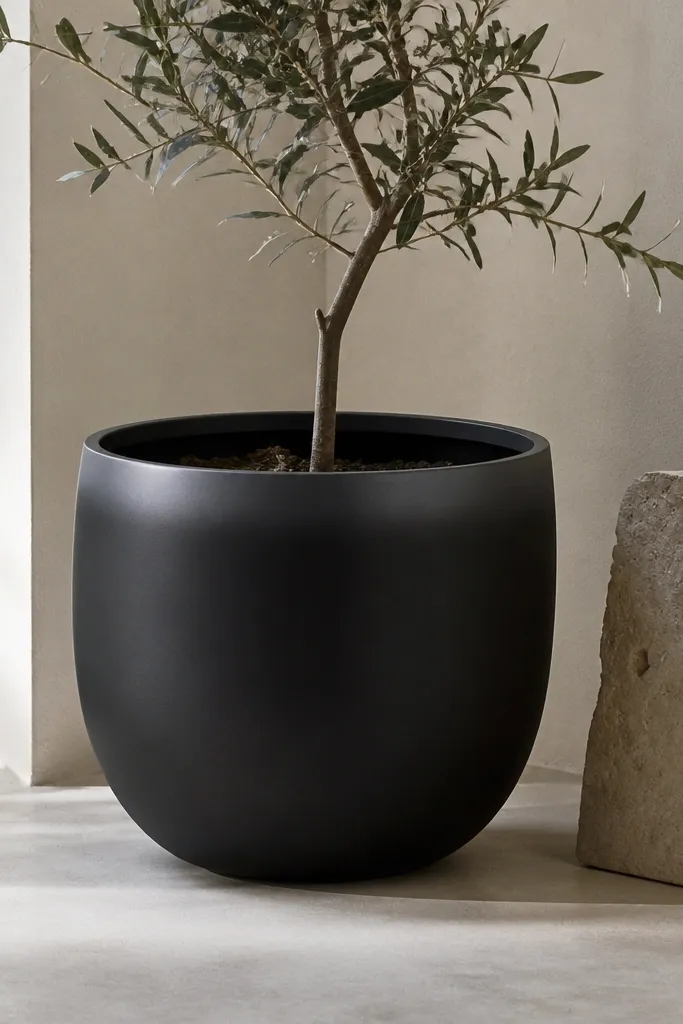 A black pot with a subtle gradient near the rim that shifts from matte black into darker graphite gray; the transition is smooth and narrow, like a designer cuff. The rest stays matte black.