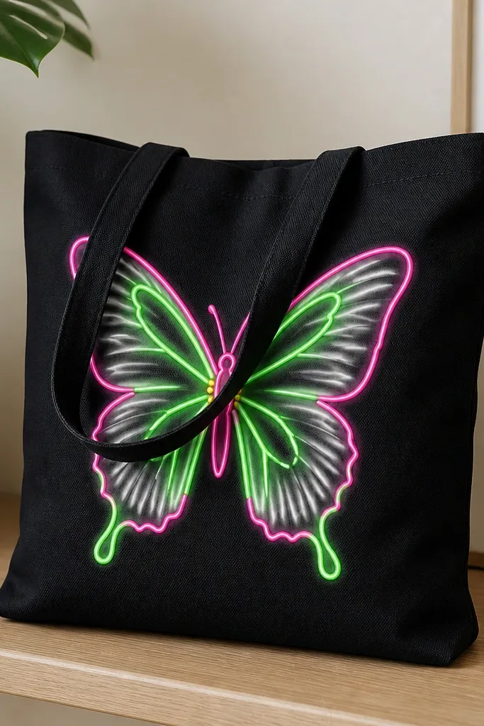 A black tote bag front shows a butterfly in a neon green and hot pink outline. The wings have a soft white underpaint glow, with tiny yellow dots near the body. The outline is crisp and slightly raised-looking.