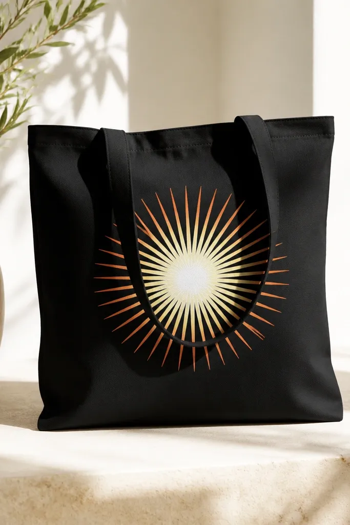 A black tote bag has a centered sunburst made of radiating rays. The rays start as pale yellow near the center and fade to orange at the tips, with a bright white circle glow behind them.