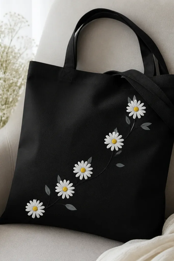 A black tote shows a diagonal chain of white daisies with small yellow centers. The stems look like thin black ink lines with tiny leaf shapes in gray.
