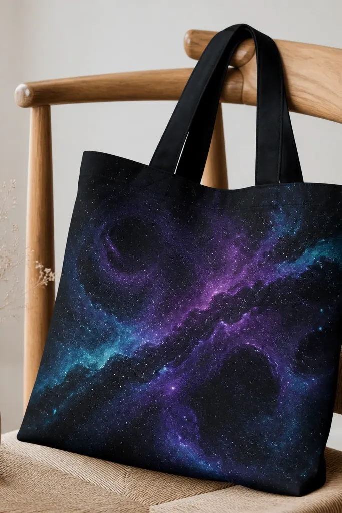 A black tote front shows a swirling nebula in deep purple and midnight blue with teal highlights along the edges. There are scattered white stars created by speckling, plus a faint circular swirl behind the main area.
