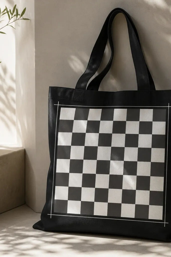 A black tote shows a checkerboard of alternating matte white and charcoal-gray squares. Thin metallic silver lines form a border and small cross marks at corners.