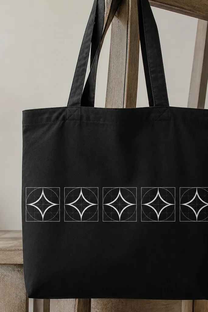 A black tote displays a row of repeated geometric symbols in crisp white. Each symbol sits inside a faint gray square grid, with clean edges and no gradients.