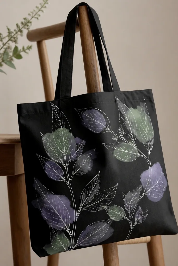 A black tote has thin white line drawings of leaves and stems. Around the edges of the leaves is a soft watercolor wash in pale green and dusty lavender, fading into the black background.