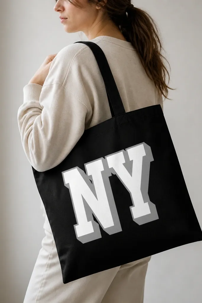 A black tote shows large block letters in bright white with a thick offset shadow in soft gray. The letters have sharp corners and sit centered on the front panel.