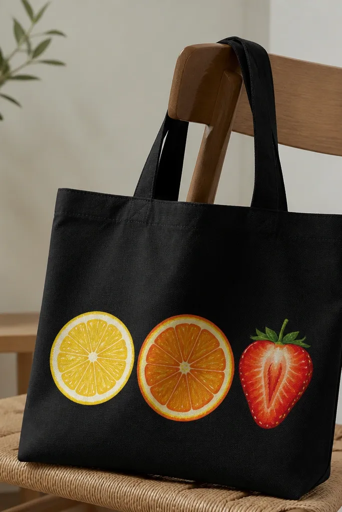 A black tote features three fruit slices: a lemon, an orange, and a strawberry. The fruit has painted segments in yellow and orange, with tiny white glossy highlights along the rind and seeds.