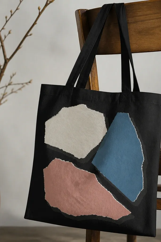 A black tote shows a collage look: torn paper shapes painted in off-white, muted blue, and dusty pink. The edges are rough and layered, with a faint shadow effect in dark gray behind each shape.