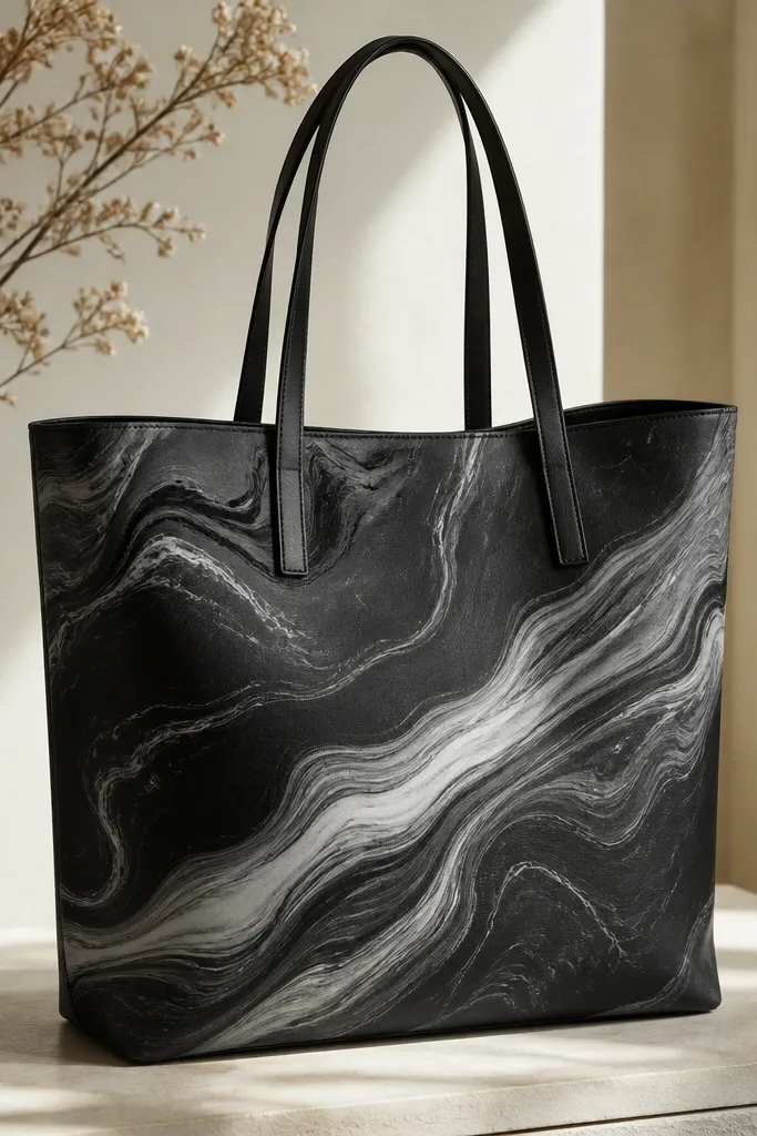 A black tote shows a marble pattern with gray and white swirls. The swirls have thin dark lines that separate colors, and there's a subtle highlight streak through the center.