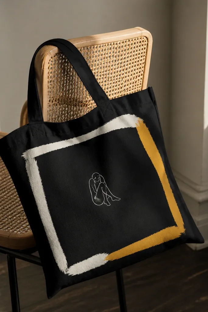 A black tote has a bold rectangular frame painted in off-white and mustard yellow. The center remains mostly black with only a small line drawing in white, creating strong negative space.