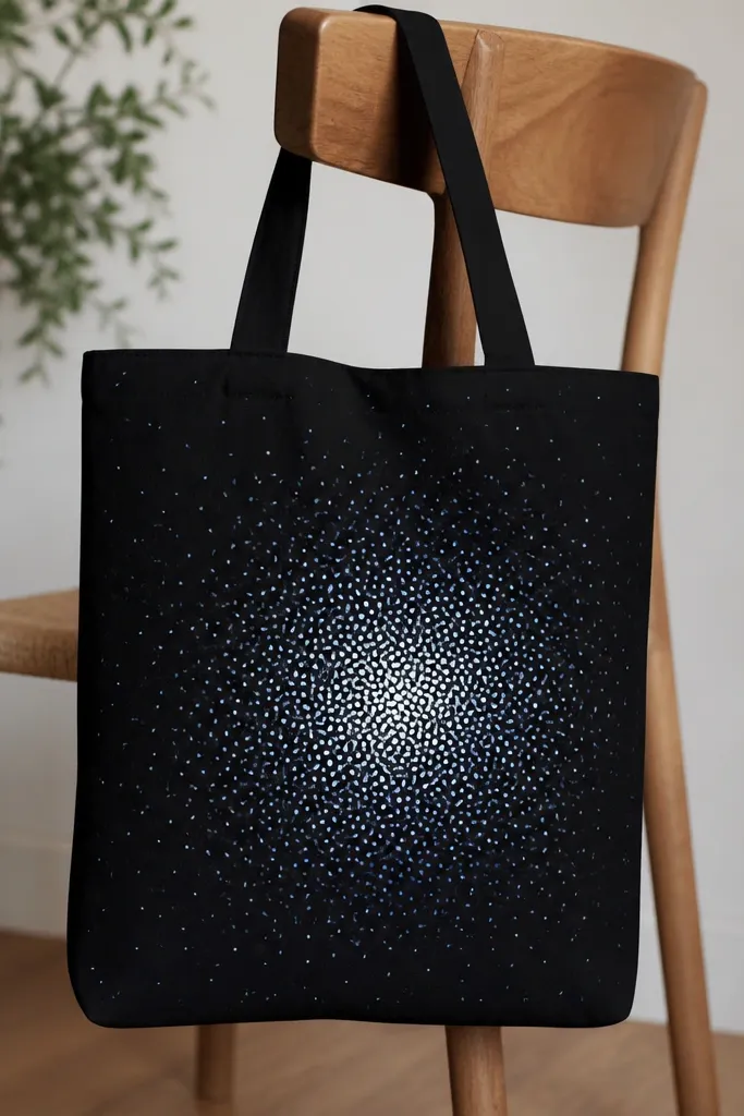 A black tote shows a field of small painted dots. The dots are densest near the center with a gradient from white to light blue, fading to sparse dots toward the edges.