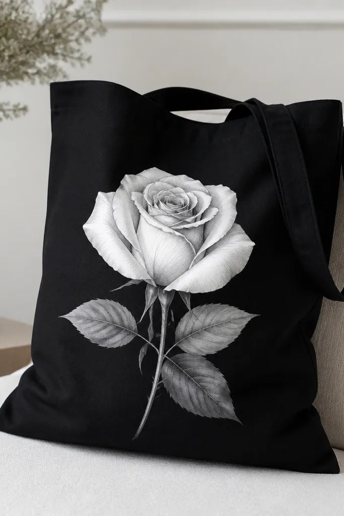 A black tote features a single rose in white with black shading lines. The petals have thin ink-like contour strokes, and the leaves are painted in soft gray gradients.