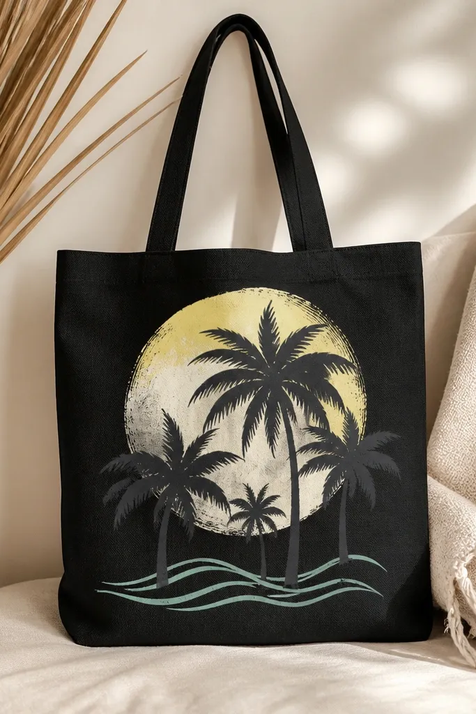 A black tote displays palm tree silhouettes in deep gray. Behind them is a painted sun halo in pale yellow and white, with a few curved wave lines in mint.