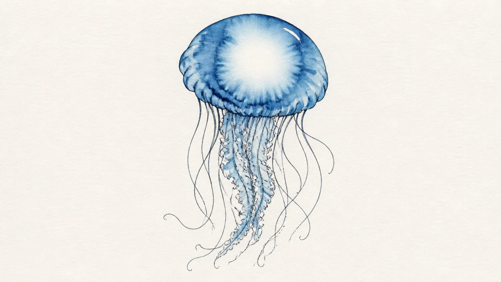 A jellyfish with a blue watercolor bell blooming with soft edges