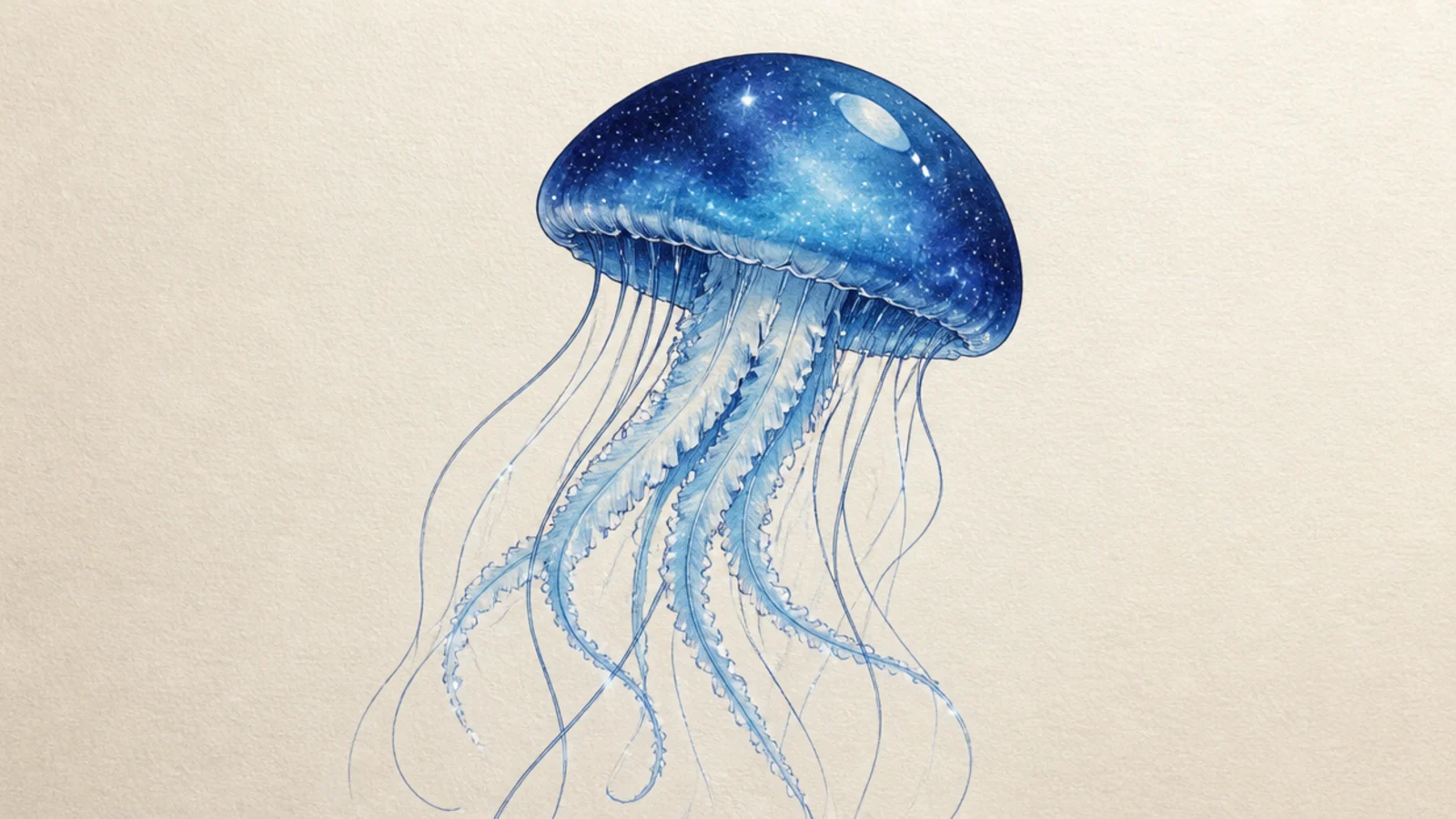 A jellyfish with a deep blue galaxy-filled bell and white stars