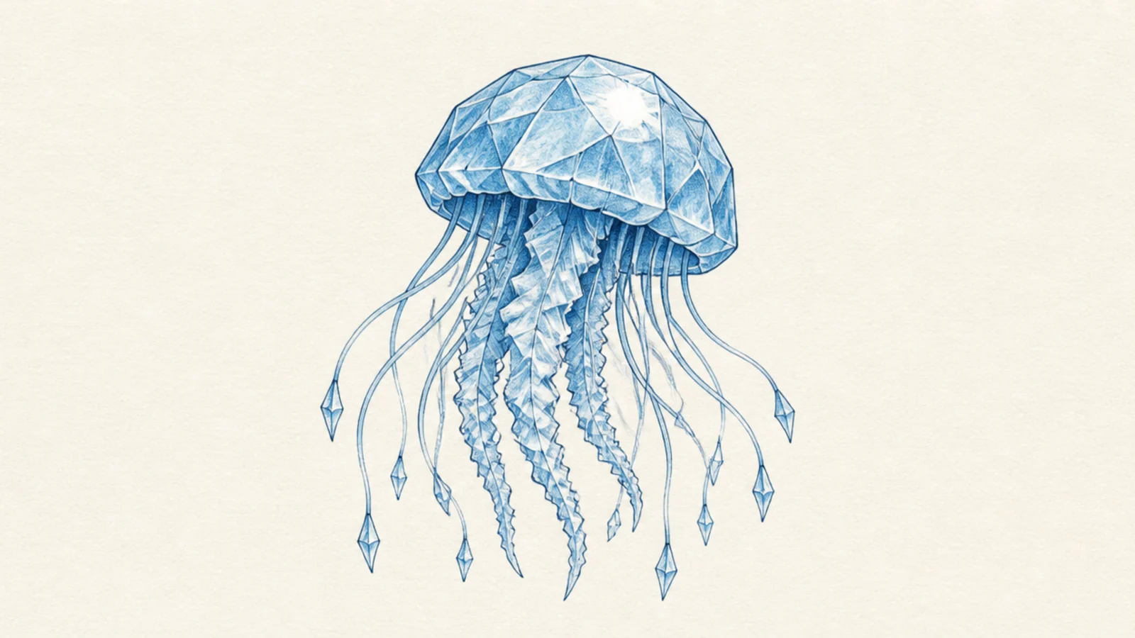 A pale icy-blue jellyfish with crystalline faceted shading
