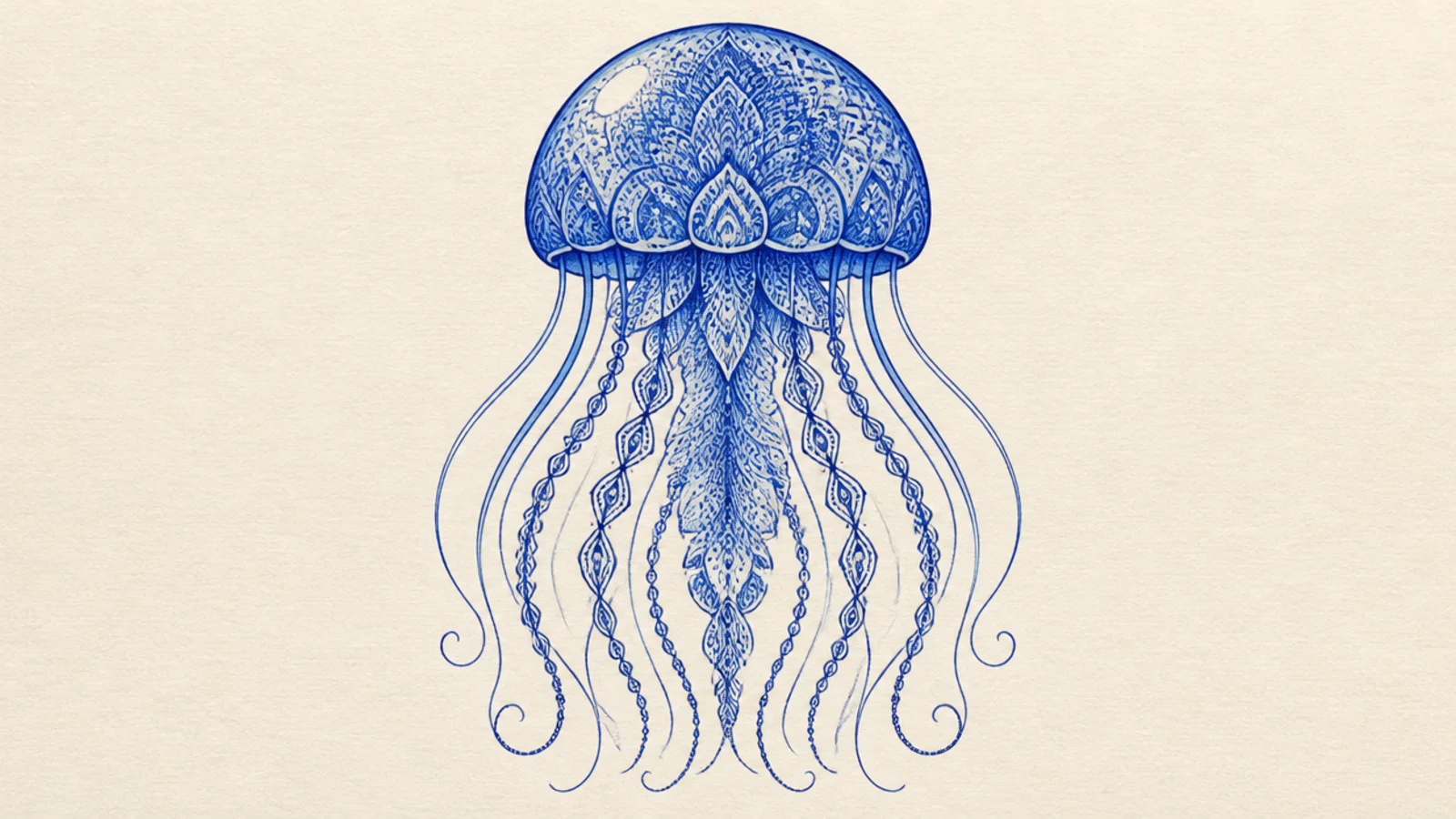 A symmetrical blue jellyfish with mandala patterns in the bell