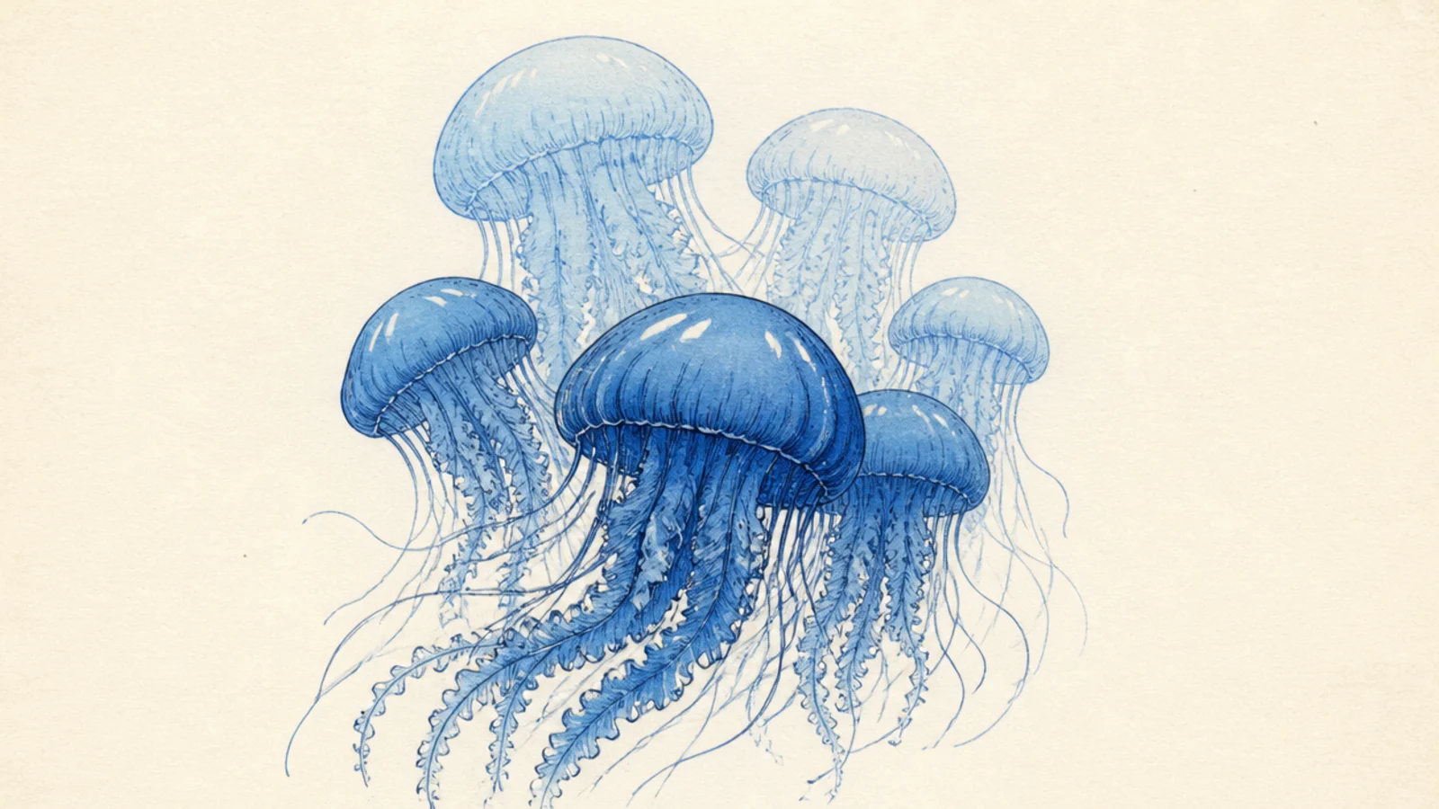 A group of blue jellyfish fading from deep to pale blue