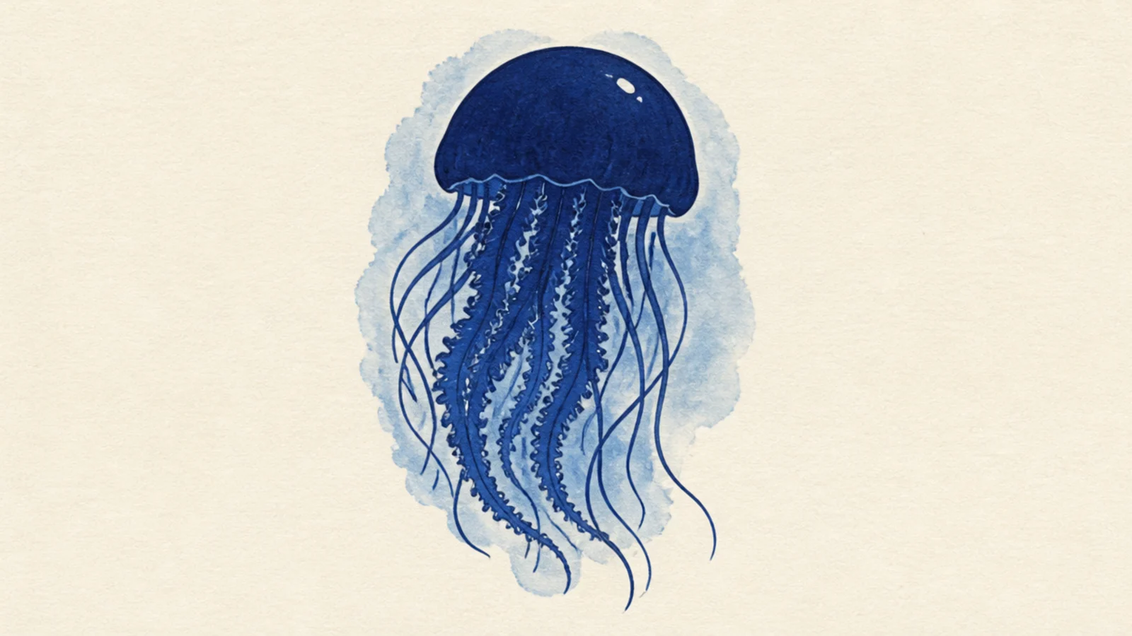 A dark midnight-blue jellyfish silhouette against a lighter wash