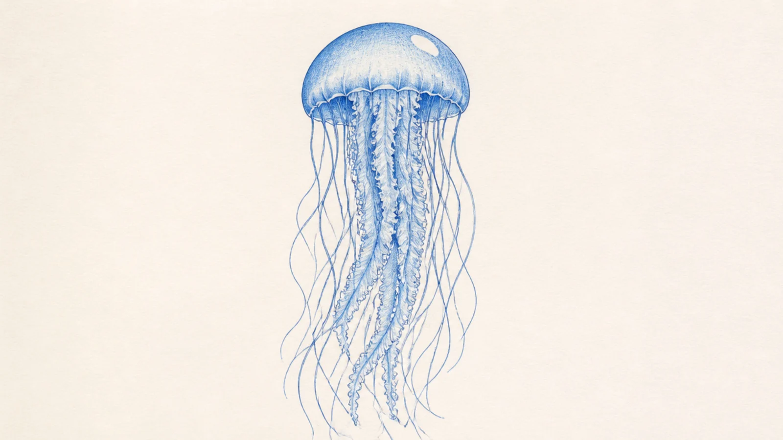 A tall glowing blue jellyfish on a smooth blue gradient background